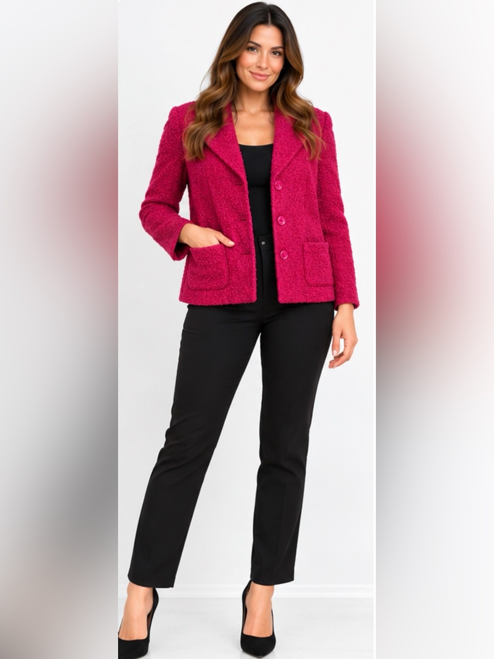 Jennifer & Grace Fuchsia Wool Blend Bouclé Blazer Jacket Size 10